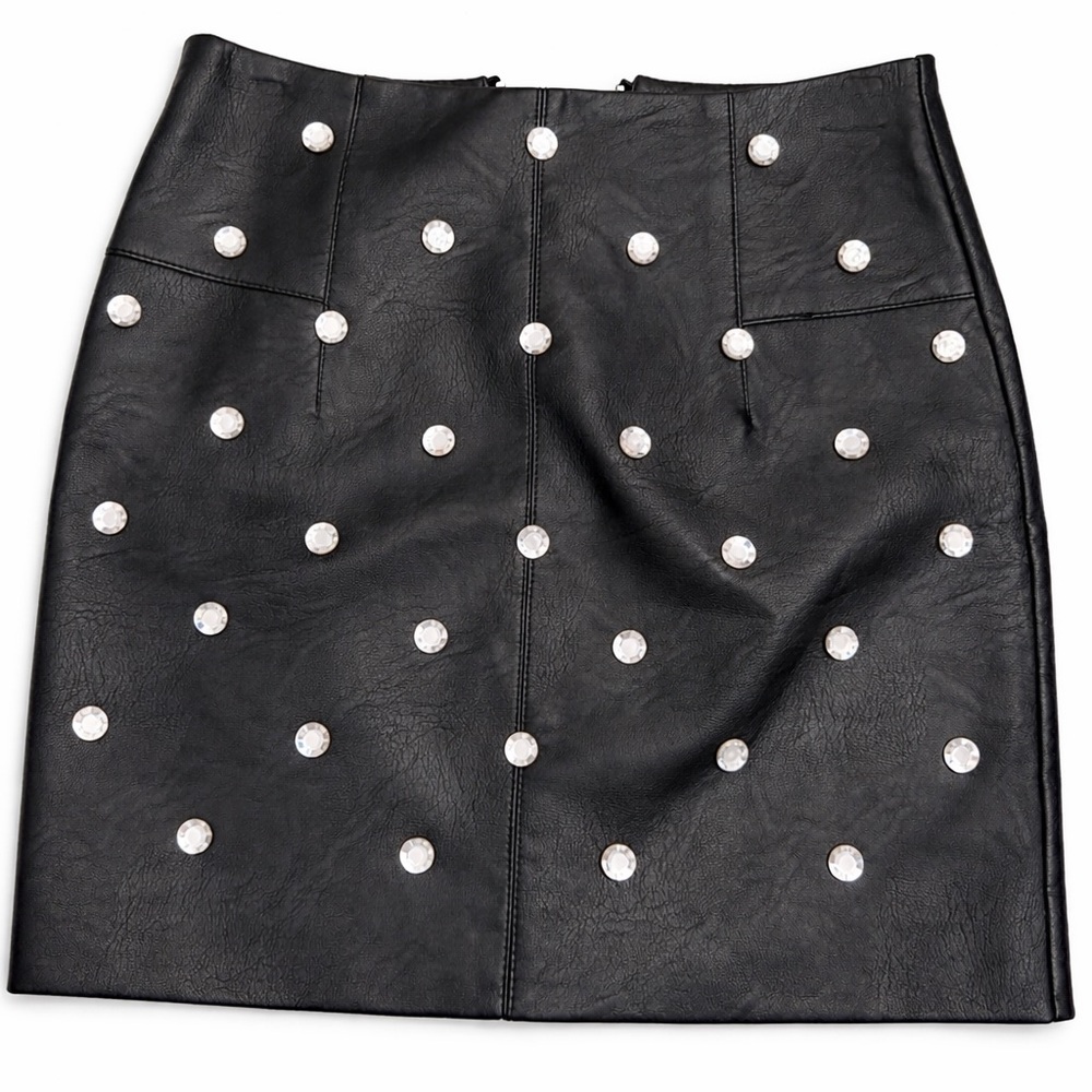 Topshop Black Faux Leather Rhinestone Studded Mini Skirt